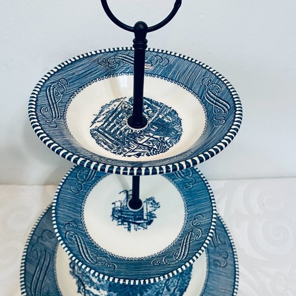 VNTG Currier & Ives 3-Tier Tidbit Tray,10" + 6" Plates/5.75" Bowl NEW Black Hdwe - Picture 3 of 9